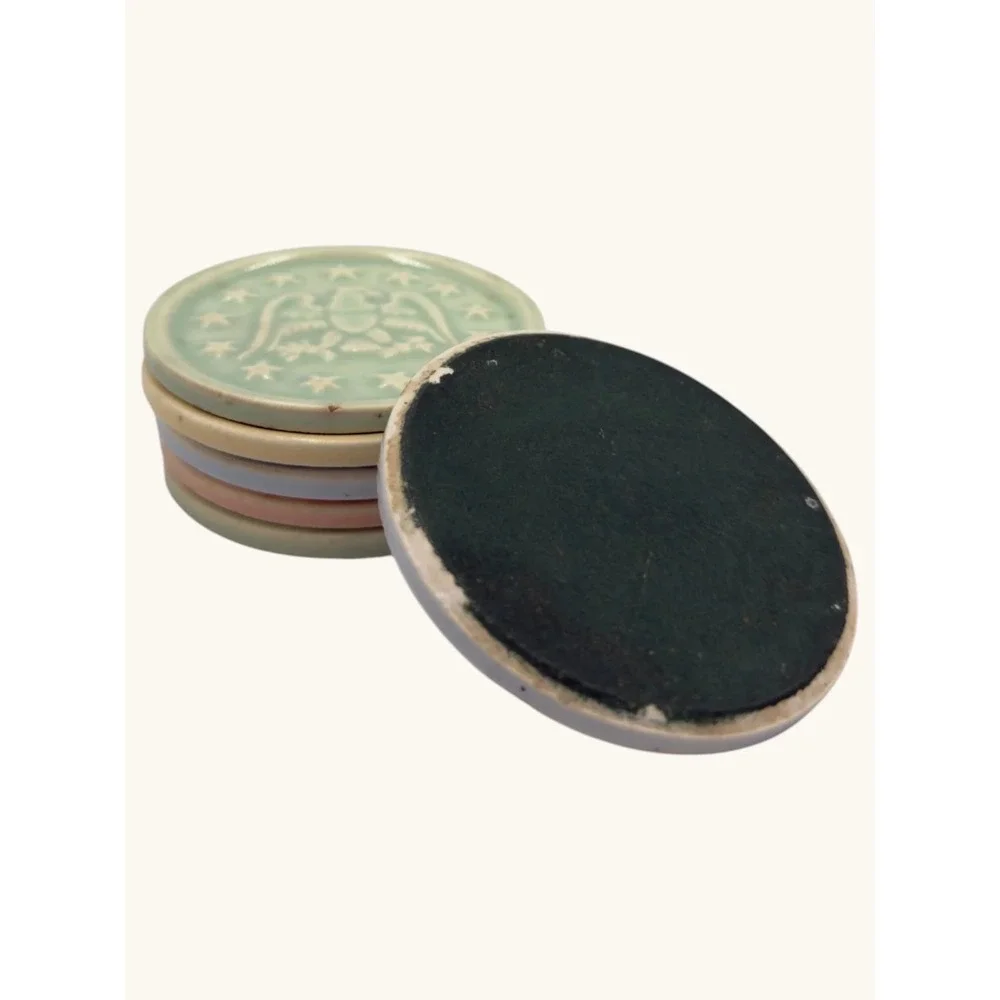 Vintage Jerywil Products Ceramic American Eagle Coasters Set of 6 Pastel Glaze